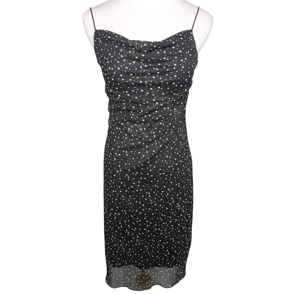 Vintage Y2K Black Sheer Whimsigoth Ethereal Silver Cowl Neck Midi Slip Dress Med